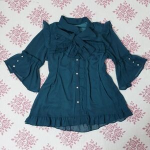 Axes Femme Turquoise Flowy Tie-up Bow Blouse